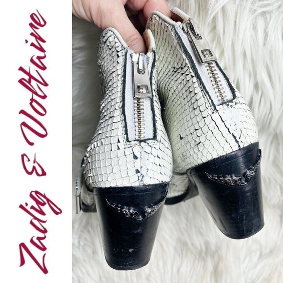 ZADIG & VOLTAIRE CARA SNAKESKIN COASTAL COWGIRL URBAN STUDDED LEATHER BOOTIE, 37 - Picture 5 of 12